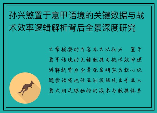 孙兴慜置于意甲语境的关键数据与战术效率逻辑解析背后全景深度研究 孙兴慜置于意甲语境的关键数据与战术效率逻辑解析背后全景深度研究