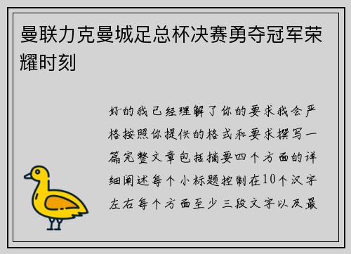 曼联力克曼城足总杯决赛勇夺冠军荣耀时刻